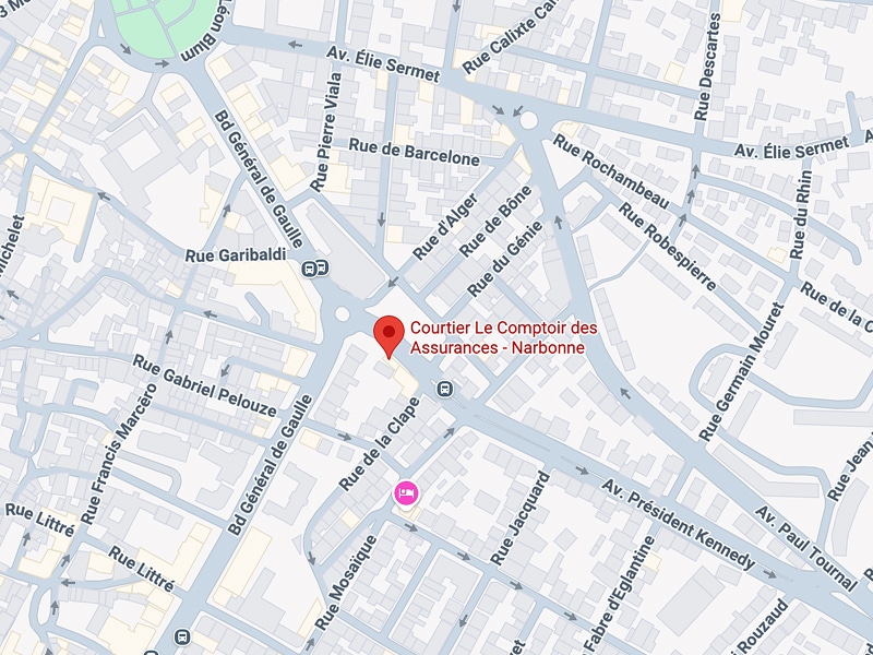Courtier Narbonne : Carte Assurance Bd Général de Gaulle Plan de la ville localisant Courtier Le Comptoir des Assurances - Narbonne, près du Bd Général de Gaulle et de la Rue de la Clape.